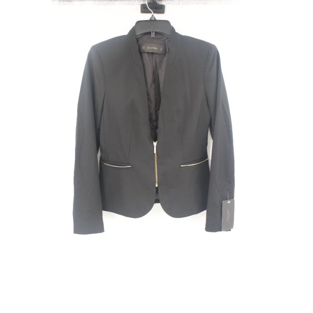 NWT ZARA Basic Women's XS Black Collarless Blazer Zip Gold hardware details‎